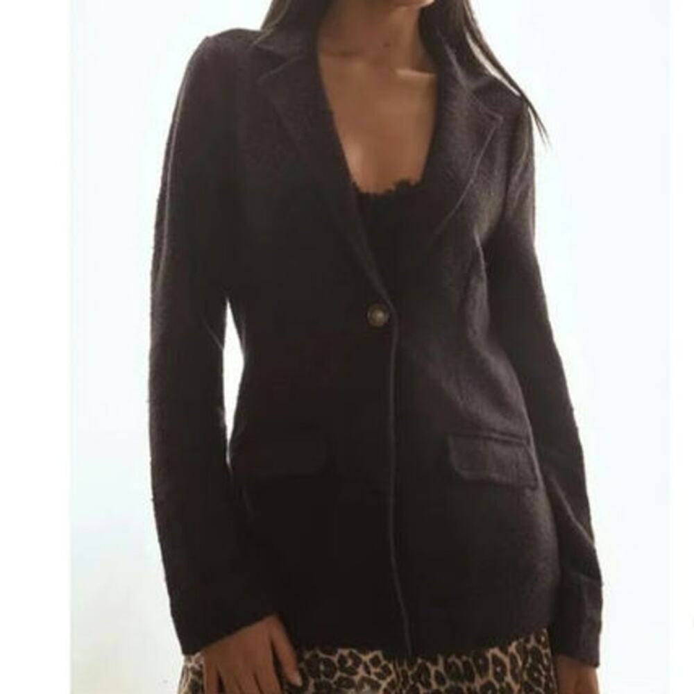 Maeve Anthropologie Black Cotton Gold Crest Button Blazer Jacket